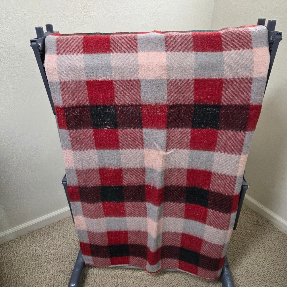 Vintage Red Grey Plaid Wool Blend Throw Blanket 66x66 Square Buffalo Check Cabin